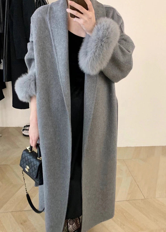 Fashion Grey Fox Fur Patchwork Woolen Duster Coat Winter RS043 ABC