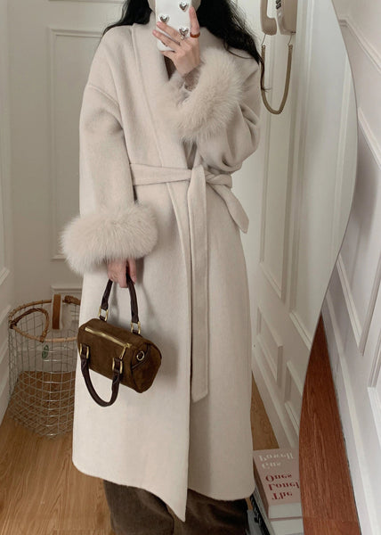 Fashion Grey Fox Fur Patchwork Woolen Duster Coat Winter RS043 ABC