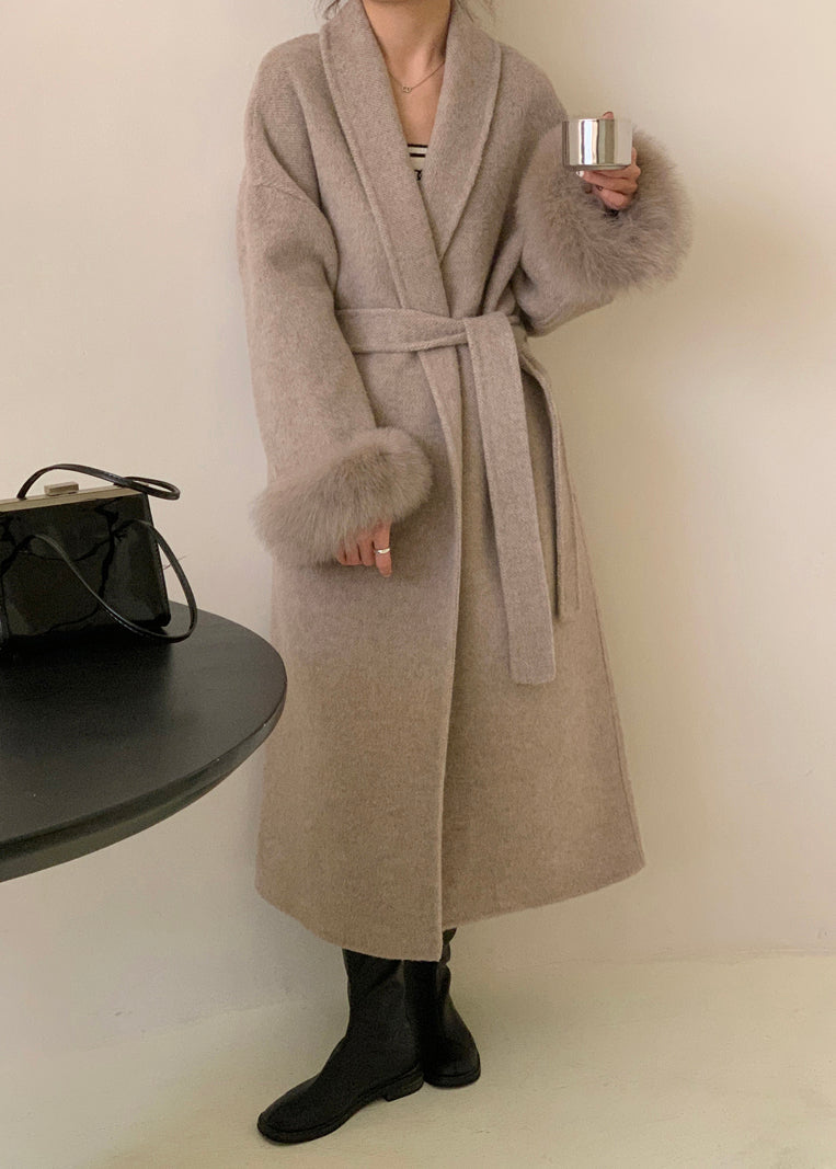 Fashion Grey Fox Fur Patchwork Woolen Duster Coat Winter RS043 ABC