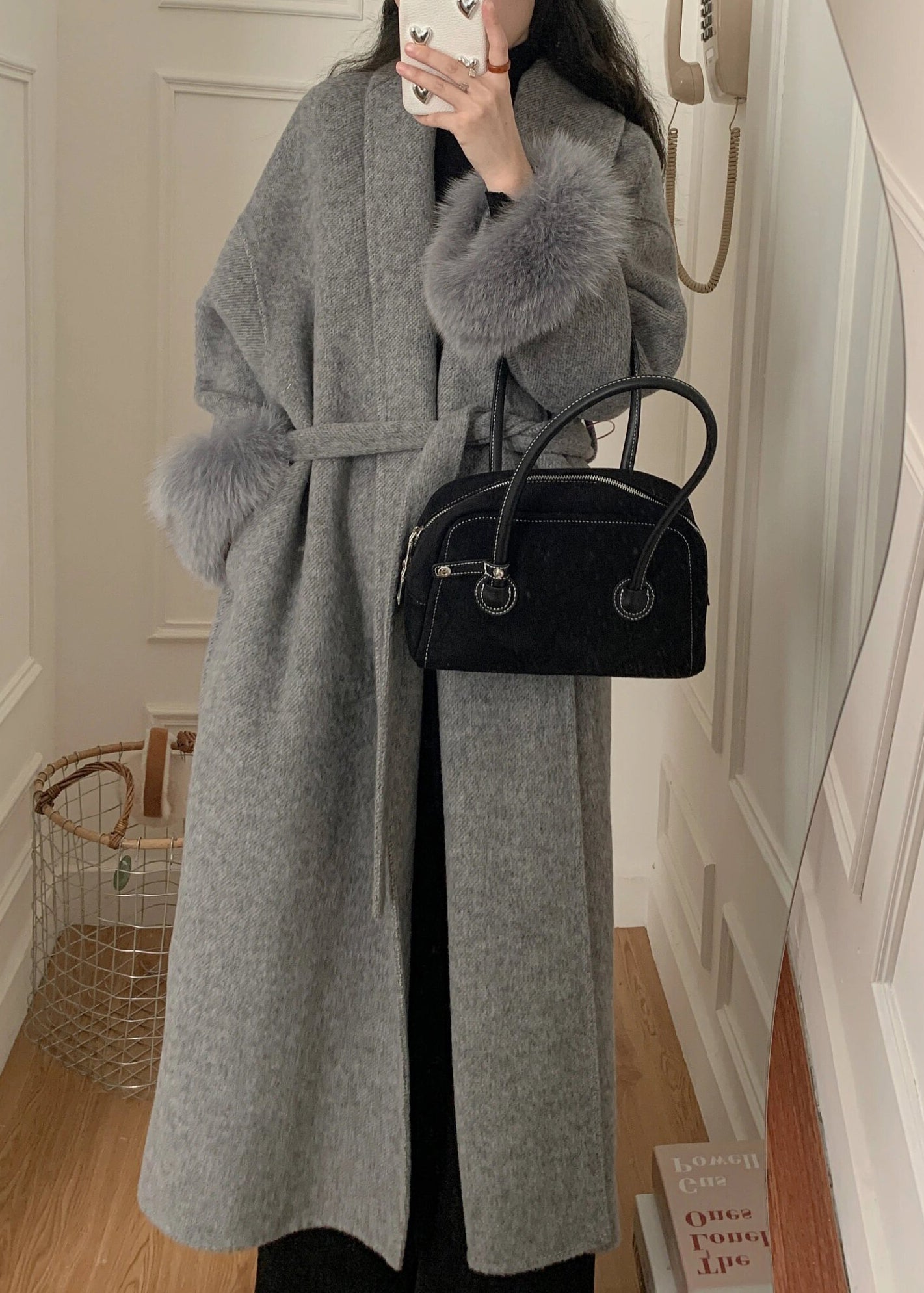 Fashion Grey Fox Fur Patchwork Woolen Duster Coat Winter RS043 ABC