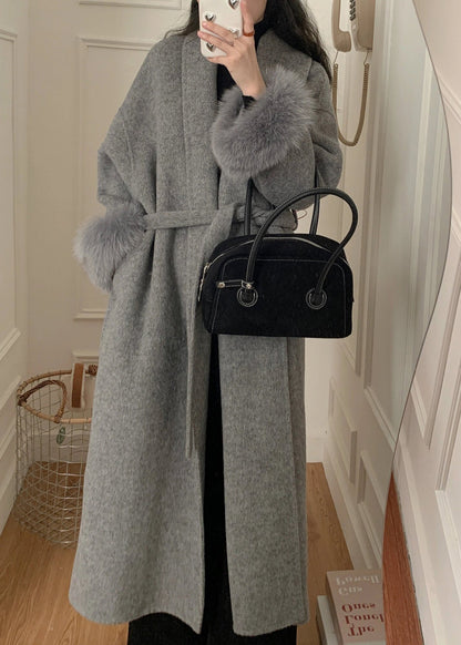Fashion Grey Fox Fur Patchwork Woolen Duster Coat Winter RS043 ABC