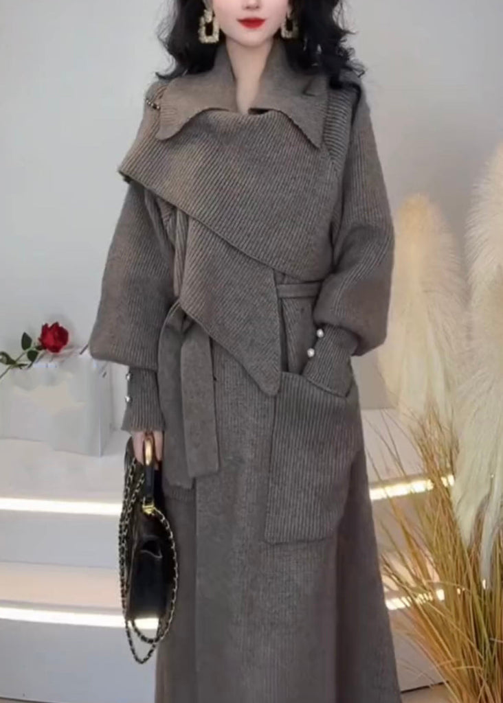 Fashion Grey Peter Pan Collar Pockets Tie Waist Knit Long Coats Winter WR045 OL-NCT241103