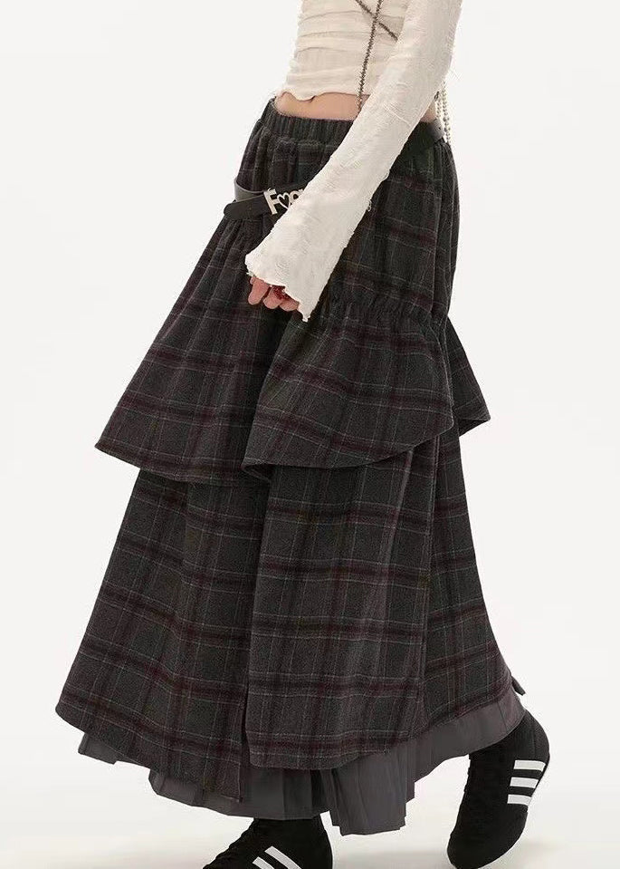 Fashion Grey Plaid False Two Pieces Patchwork Cotton Skirts Fall WP047 NZ-SKTS241107