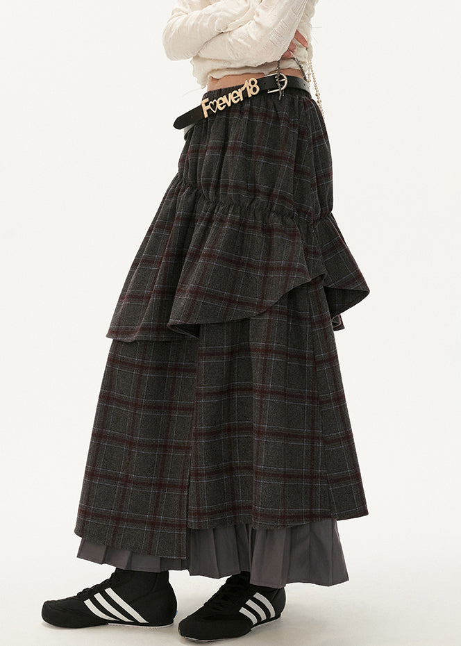 Fashion Grey Plaid False Two Pieces Patchwork Cotton Skirts Fall WP047 NZ-SKTS241107