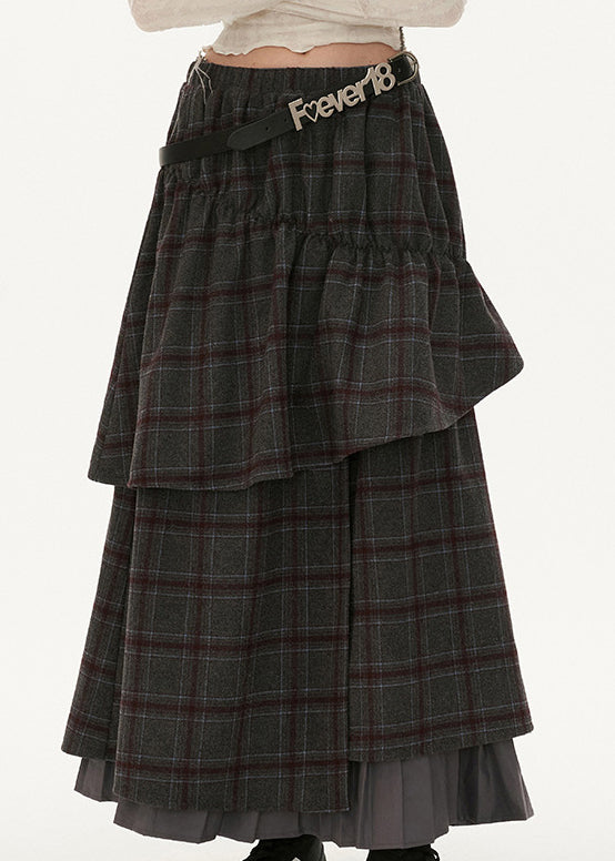 Fashion Grey Plaid False Two Pieces Patchwork Cotton Skirts Fall WP047 NZ-SKTS241107