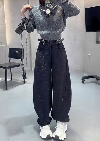 Fashion Grey Sequins Warm Fleece Woolen Pants Spring YO19 ABC