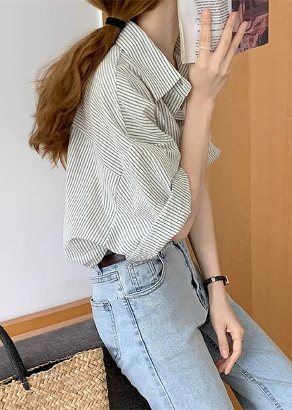 Fashion Grey Striped Peter Pan Collar Button Cotton Blouses Summer TU006