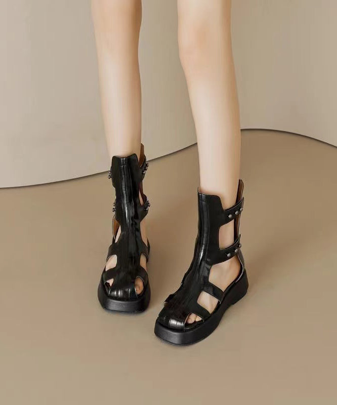 Fashion Hollow Out Platform Sandals Boots Black Cowhide Leather JJ026 Shoe-LX240609