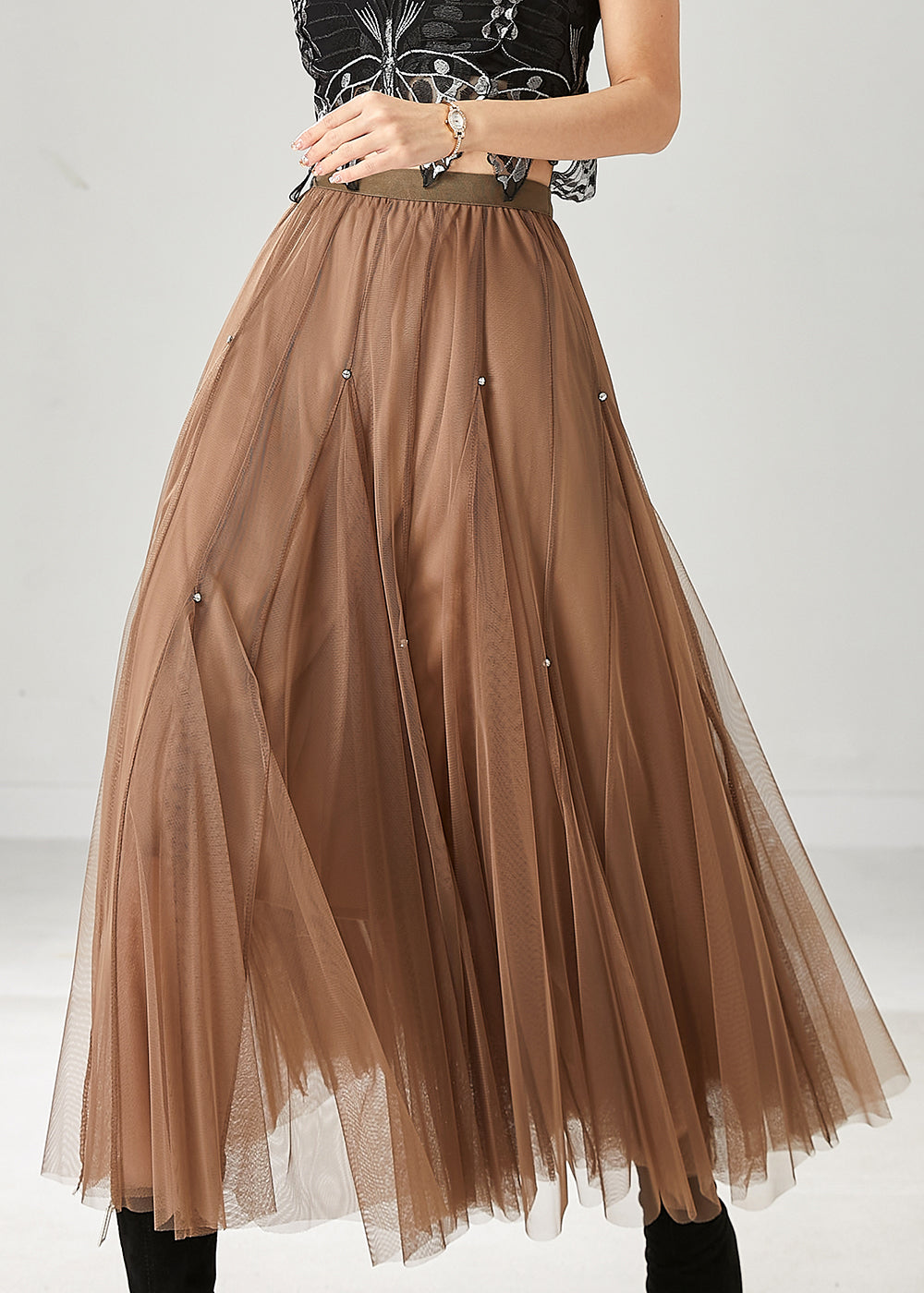 Fashion Khaki Exra Large Hem Nail Bead Tulle Skirts Spring YU1018 Ada Fashion