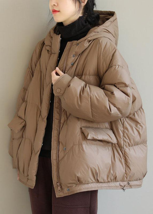 Fashion Khaki Hooded Zippered Pockets Winter Down Coat Long sleeve QS036 WT-WG-DJK210914