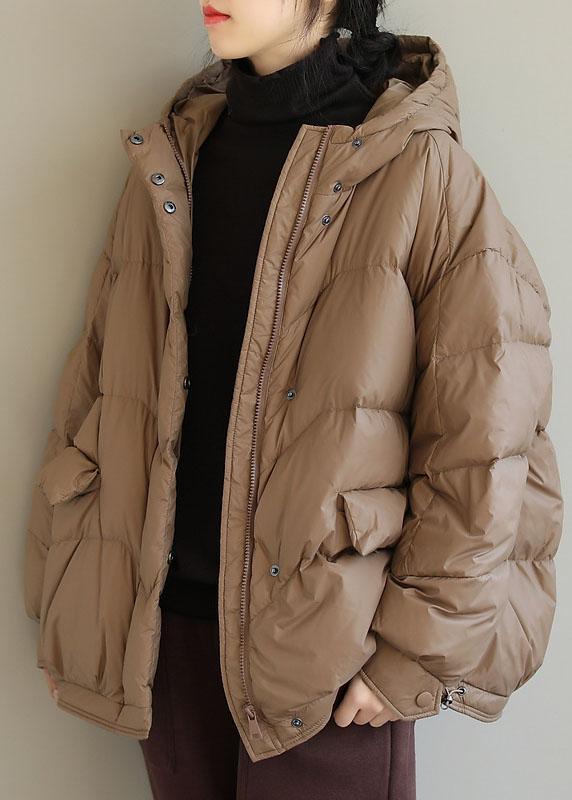 Fashion Khaki Hooded Zippered Pockets Winter Down Coat Long sleeve QS036 WT-WG-DJK210914