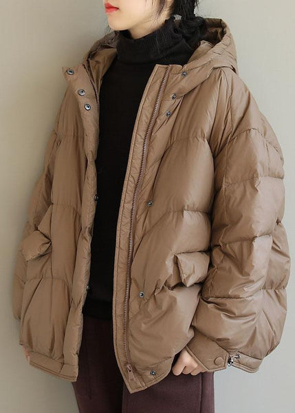 Fashion Khaki Hooded Zippered Pockets Winter Down Coat Long sleeve QS036 WT-WG-DJK210914