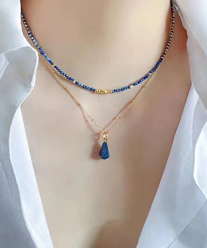 Fashion Klein Blue Sterling Silver Overgild Bluestone Beading Two Piece Set Pendant Necklace PO045 JEW-TPIEC240729