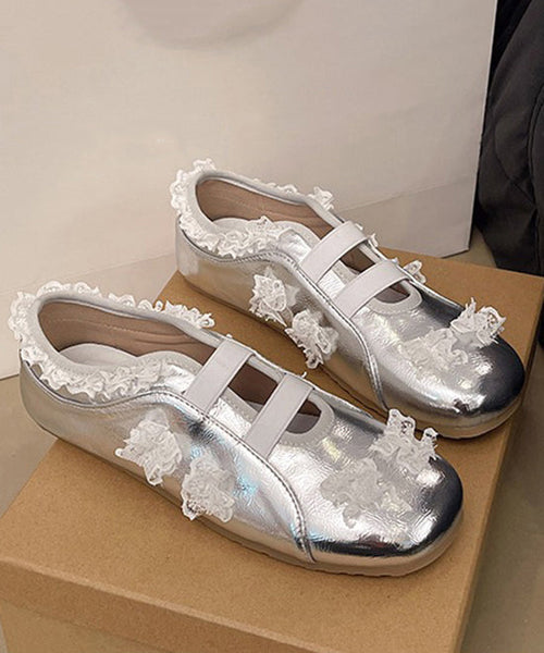 Silver Shoes Fashion Lace Splicing Flat Faux Leather FashionChic