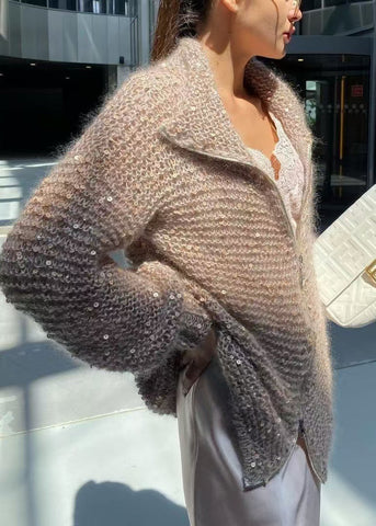 Fashion Light Camel Zip Up Sequins Knit Cardigan Spring YY019 ABC