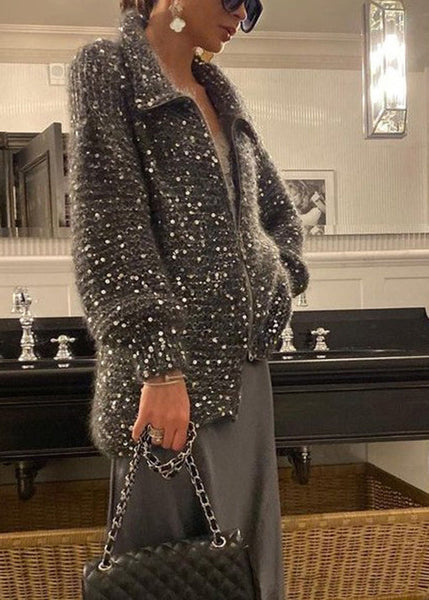 Fashion Light Camel Zip Up Sequins Knit Cardigan Spring YY019 ABC