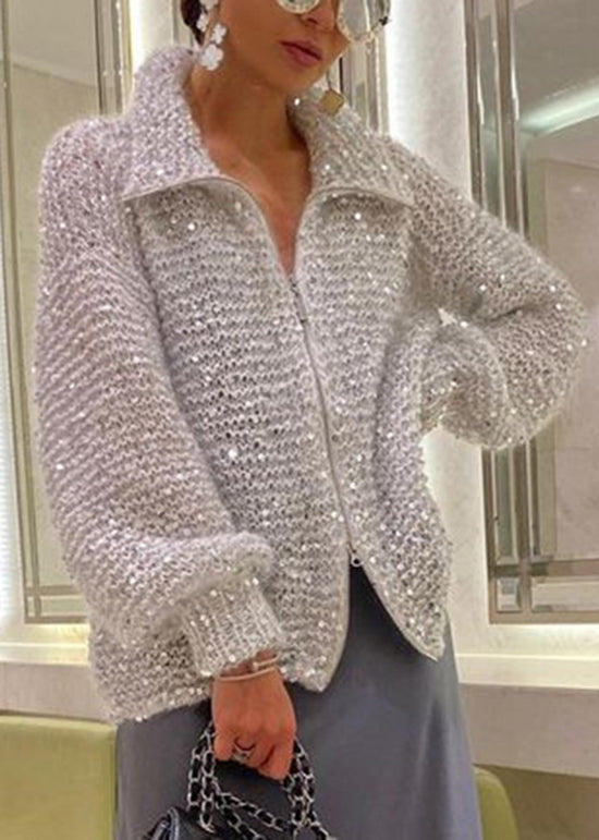 Fashion Light Camel Zip Up Sequins Knit Cardigan Spring YY019 ABC