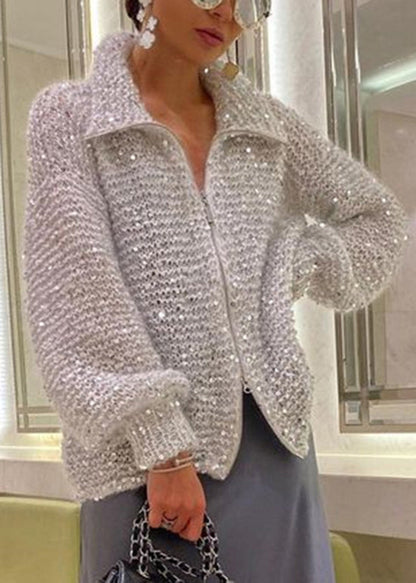 Fashion Light Camel Zip Up Sequins Knit Cardigan Spring YY019 ABC