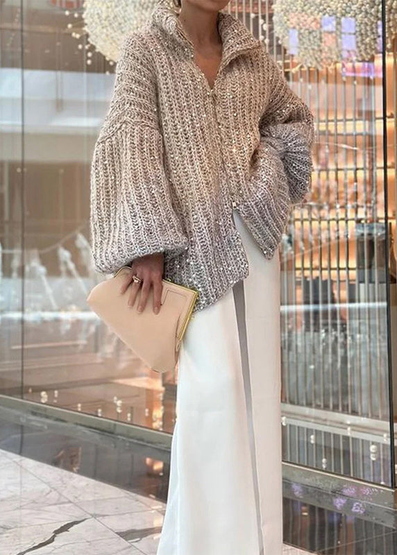 Fashion Light Camel Zip Up Sequins Knit Cardigan Spring YY019 ABC