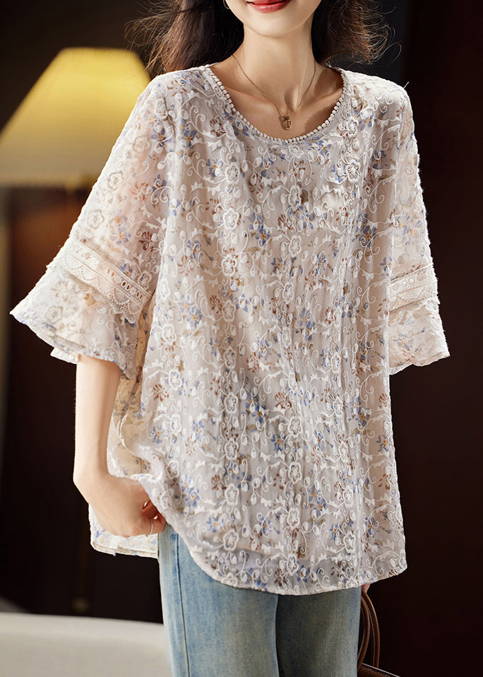 Fashion Light Coffee O-Neck Embroidered Shirts Butterfly Sleeve WW030 OL-HTP240812