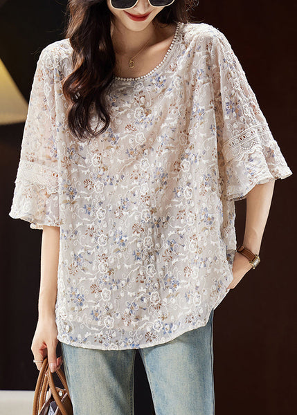 Fashion Light Coffee O-Neck Embroidered Shirts Butterfly Sleeve WW030 OL-HTP240812
