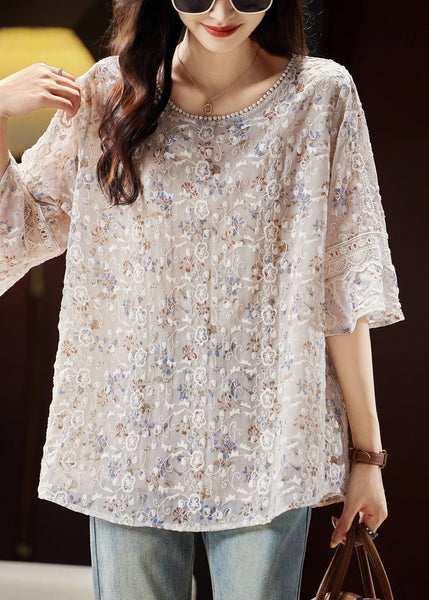 Fashion Light Coffee O-Neck Embroidered Shirts Butterfly Sleeve WW030 OL-HTP240812