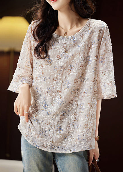 Fashion Light Coffee O-Neck Embroidered Shirts Butterfly Sleeve WW030 OL-HTP240812