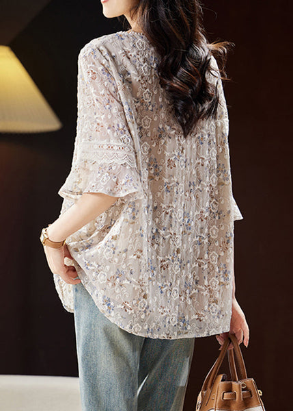 Fashion Light Coffee O-Neck Embroidered Shirts Butterfly Sleeve WW030 OL-HTP240812