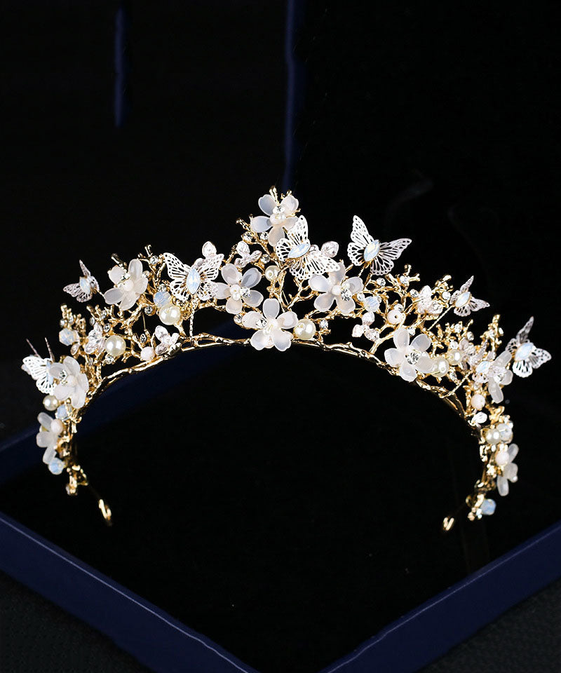 Fashion Light Gold Overgild Crystal Zircon Butterfly Floral Girl Crown IU035 TZ-FQ-HAI240802