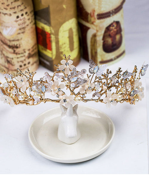 Fashion Light Gold Overgild Crystal Zircon Butterfly Floral Girl Crown IU035 TZ-FQ-HAI240802
