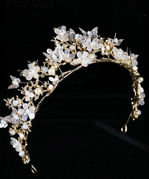 Fashion Light Gold Overgild Crystal Zircon Butterfly Floral Girl Crown IU035 TZ-FQ-HAI240802