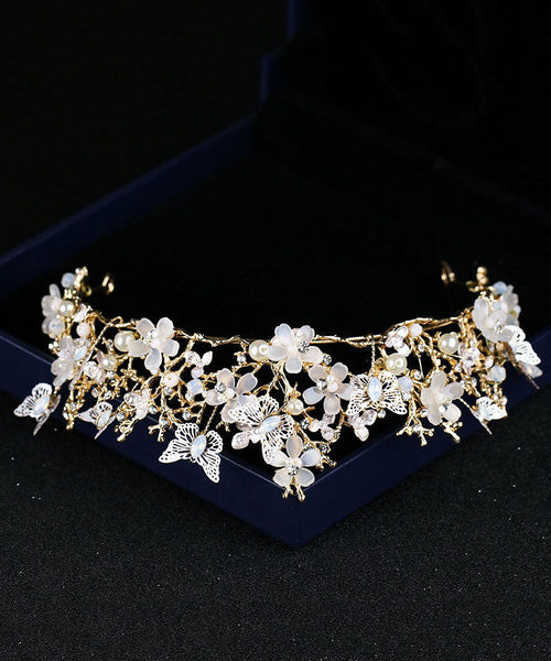Fashion Light Gold Overgild Crystal Zircon Butterfly Floral Girl Crown IU035 TZ-FQ-HAI240802