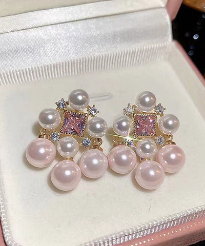Zircon Light Alloy Hollow Fashion Pearl Stud Pink Earrings Out FashionChic