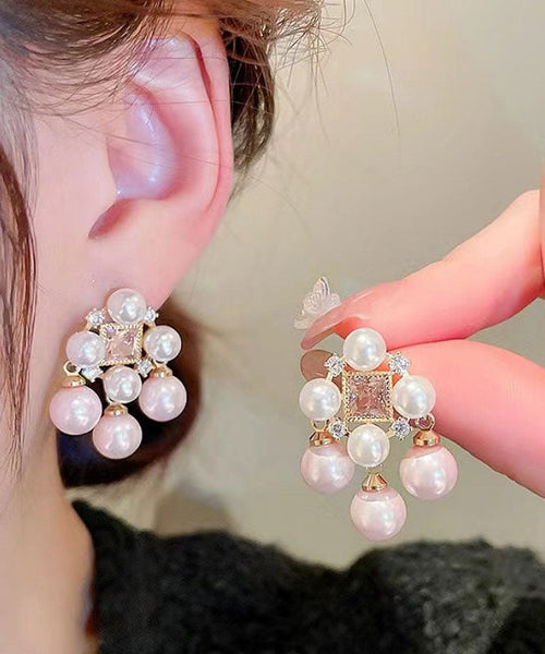 Zircon Light Alloy Hollow Fashion Pearl Stud Pink Earrings Out FashionChic