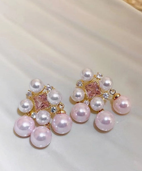 Zircon Light Alloy Hollow Fashion Pearl Stud Pink Earrings Out FashionChic