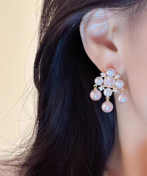 Zircon Light Alloy Hollow Fashion Pearl Stud Pink Earrings Out FashionChic