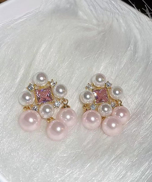 Zircon Light Alloy Hollow Fashion Pearl Stud Pink Earrings Out FashionChic