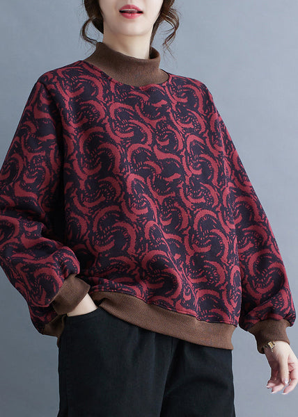 Fashion Mulberry Stand Collar Print Warm Fleece Pullover Streetwear Spring TM010 ABC