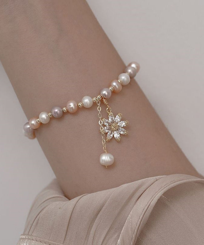 Fashion Multicolour Sterling Silver Overgild Zircon Pearl Sunflower Tassel Charm Bracelet WF020 JEW-BRA241111