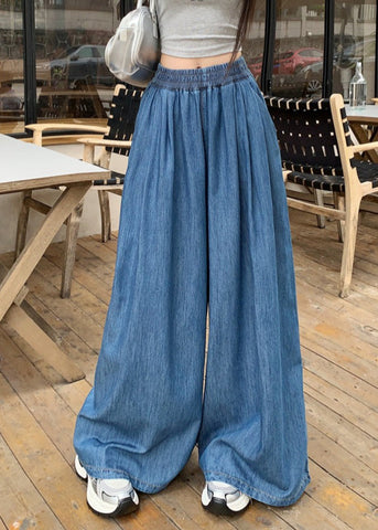 Pants Denim Summer Leg Navy Wide Waist Elastic Fashion FashionChic