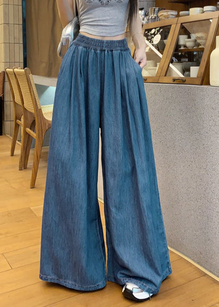 Pants Denim Summer Leg Navy Wide Waist Elastic Fashion FashionChic