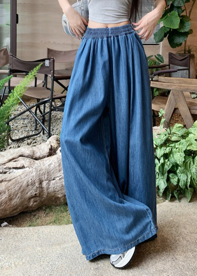Pants Denim Summer Leg Navy Wide Waist Elastic Fashion FashionChic
