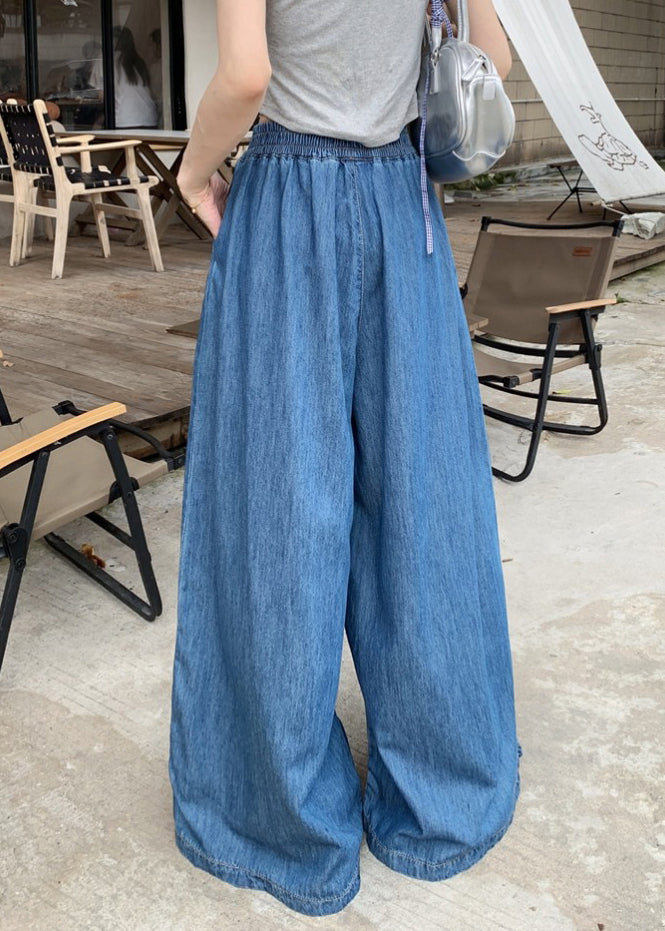 Pants Denim Summer Leg Navy Wide Waist Elastic Fashion FashionChic