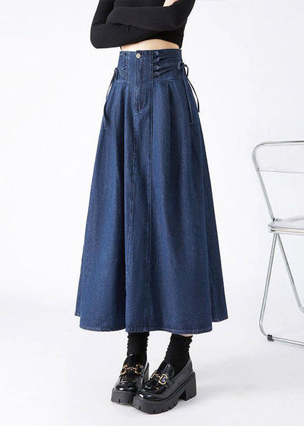 Maxi Spring Skirts Navy Fashion Patchwork Tie Waist Denim FashionChic