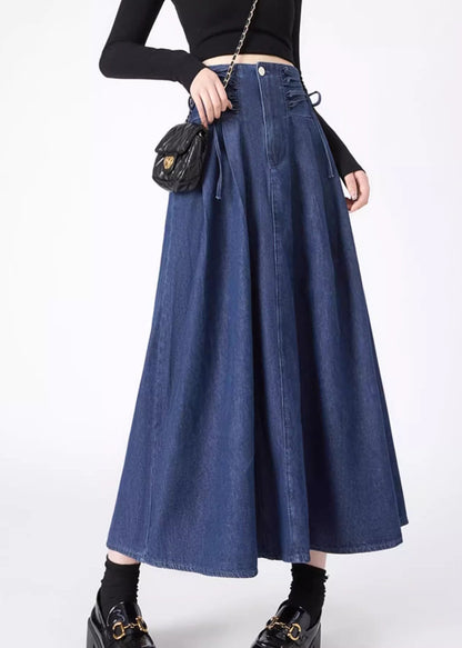 Maxi Spring Skirts Navy Fashion Patchwork Tie Waist Denim FashionChic