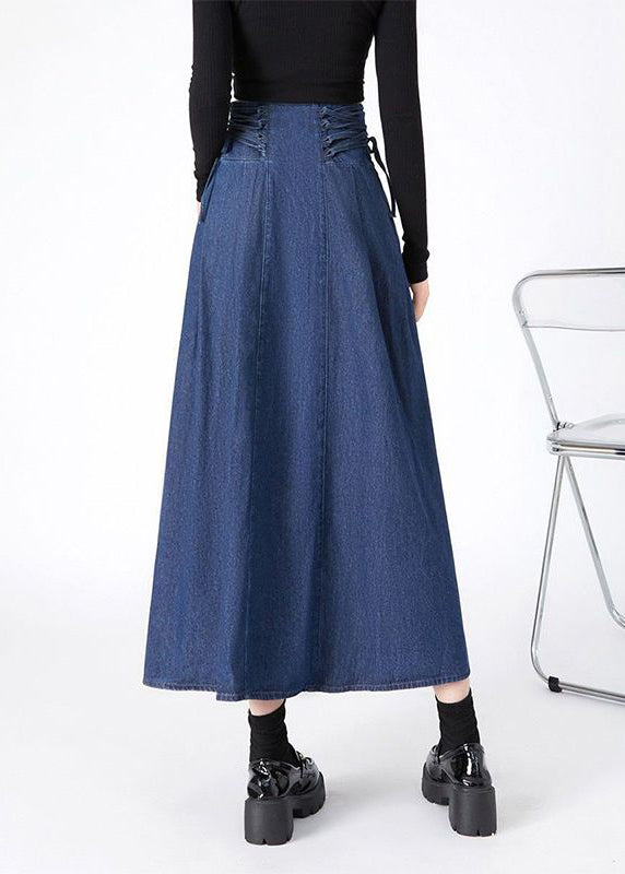 Maxi Spring Skirts Navy Fashion Patchwork Tie Waist Denim FashionChic