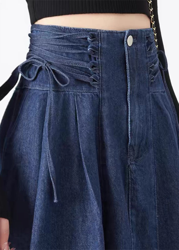 Maxi Spring Skirts Navy Fashion Patchwork Tie Waist Denim FashionChic