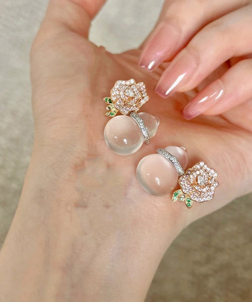 Fashion Nude Alloy Zircon Chalcedony Gourd Floral Stud Earrings II054 JEW-EAR240825