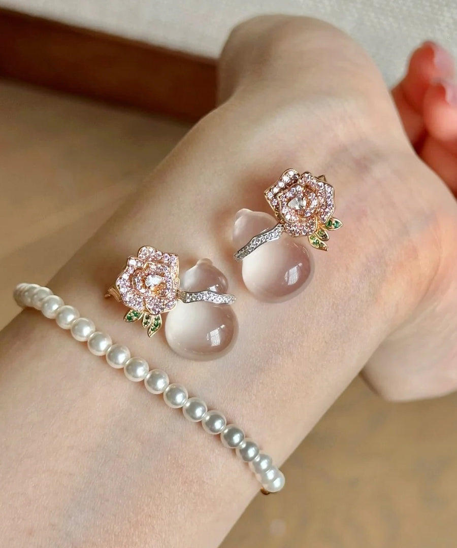 Fashion Nude Alloy Zircon Chalcedony Gourd Floral Stud Earrings II054 JEW-EAR240825
