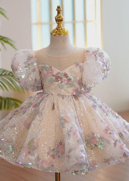 Fashion O-Neck Sequins Patchwork Tulle Kids Maxi Dress Summer YS018 ABC